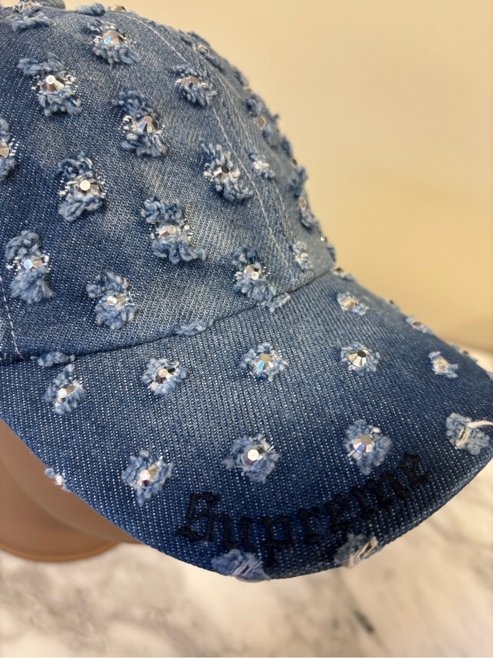 Supreme Distressed Denim Rhinestone Cap - Blue - Picture 2 of 7